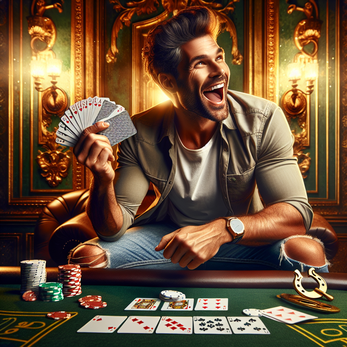 A man sitting at a table holding playing cards, surrounded by symbols of good luck in a luxurious setting.