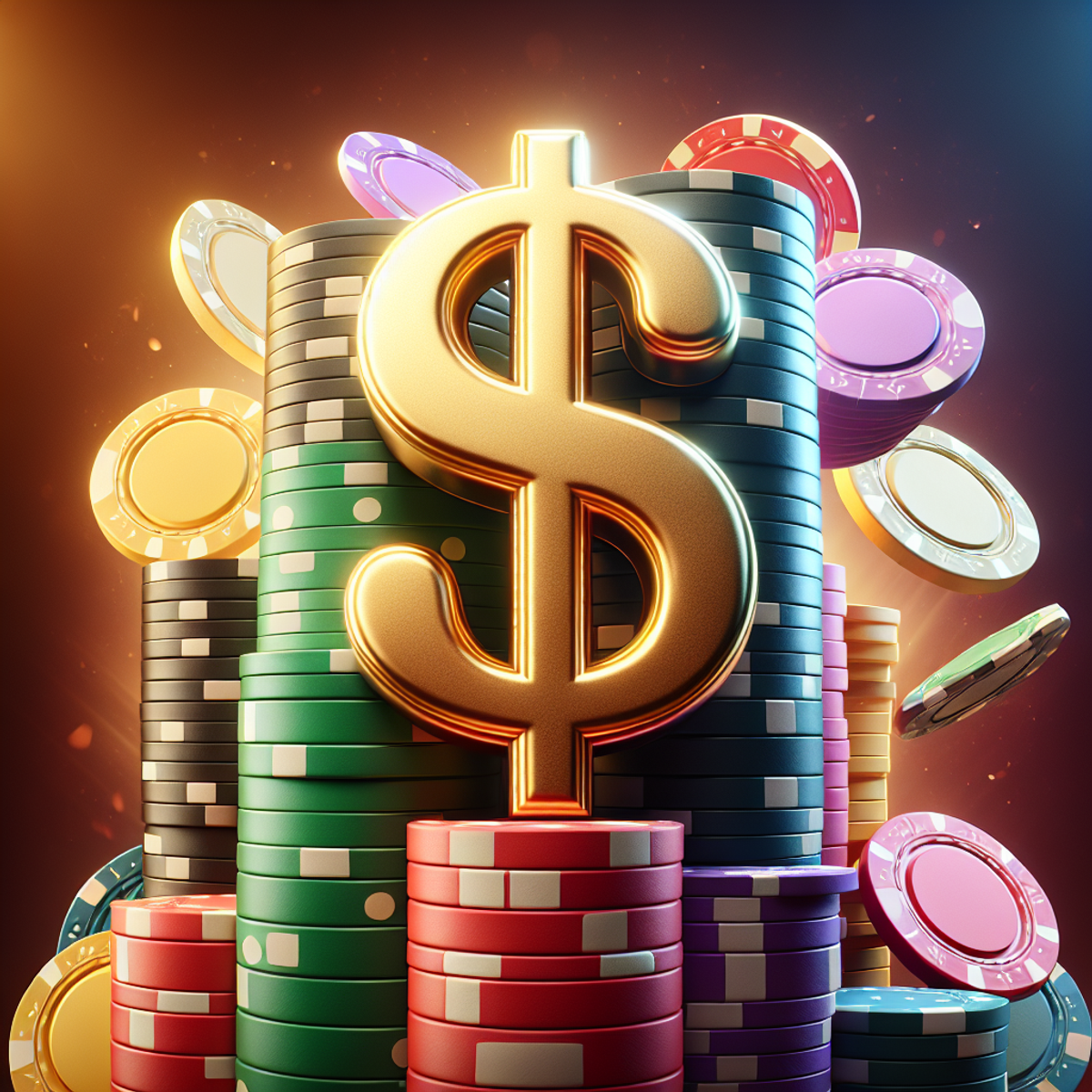 A tall stack of colorful poker chips with a shiny, golden, three-dimensional dollar symbol at the top.