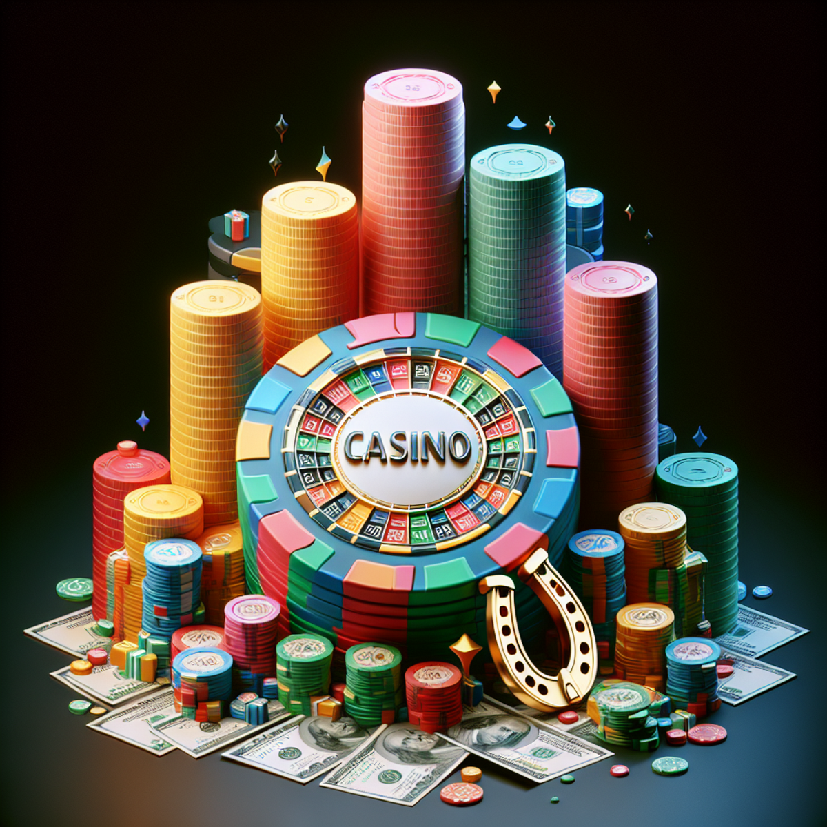 A vibrant casino chip surrounded by stacks of money and a horseshoe for good luck.